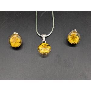 Vintage Sterling Silver Necklace Earrings Set Dried Flowers in Resin Pendant